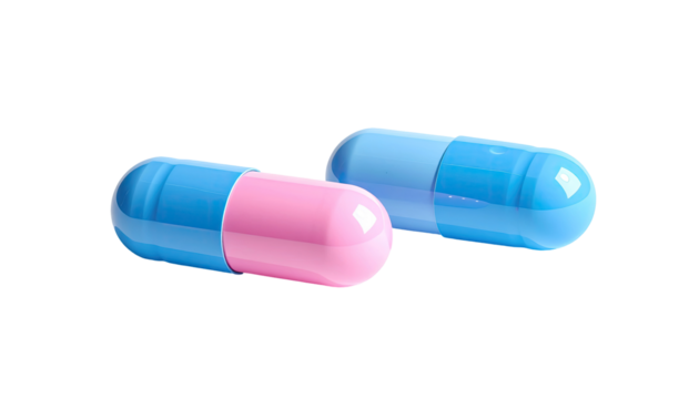 Two glossy, 3D-rendered capsules, one light blue, the other light pink, are positioned slightly apart.  The capsules appear to be rounded oblong shapes with visible seams