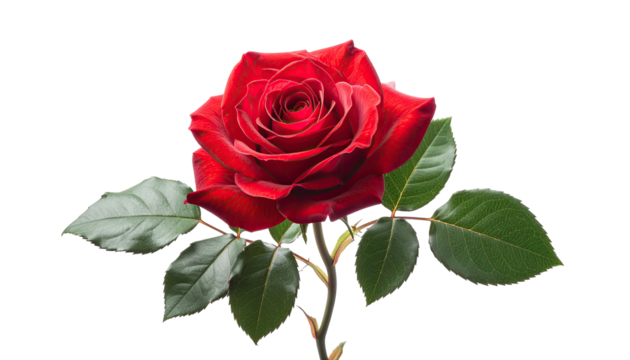 A single vibrant red rose, highlighted against a pure black background, showcasing detailed petals and leaves