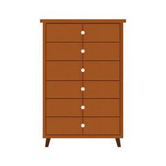 Simple, vertical wooden chest of drawers with seven drawers.  Wooden drawers, light brown/tan color.  Small, round, white knobs/handles.  Small, simple feet.  Rectangular shape.  Flat, front view
