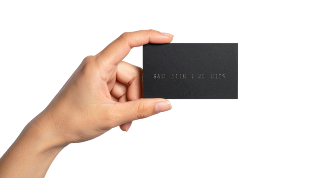 Close-up of a hand holding a black business card - Powered by Adobe