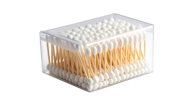 Clear plastic box filled with cotton swabs