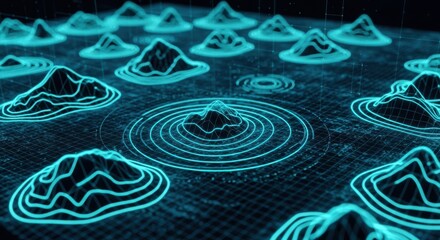 Abstract digital art with glowing blue and green topographic wave patterns