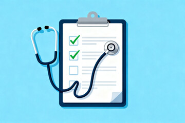 Medical clipboard with checklist and stethoscope on blue background