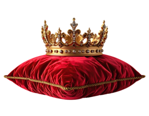 Golden crown resting on a red velvet pillow