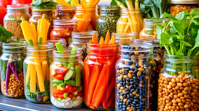 A vibrant display of mason jars filled with fresh vegetables and legumes, showcasing the beauty and variety of healthy foods and meal preparation options.