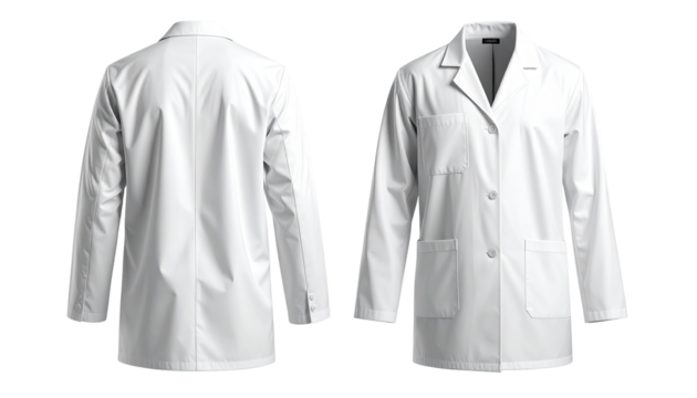Front and back view of a plain white lab coat.  Long sleeves, collared, and buttoned.  Simple design