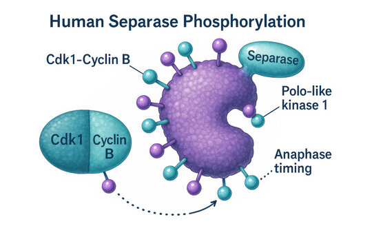 Illustration depicting human separase phosphorylation, showing the interaction between Cdk1-Cyclin B, Separase, Polo-like kinase 1, and anaphase timing.