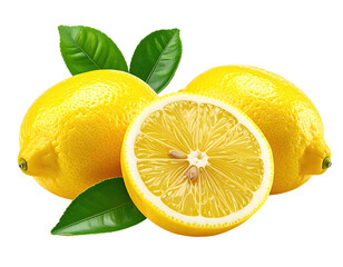 Two whole lemons and a slice, vibrant yellow, with fresh green leaves
