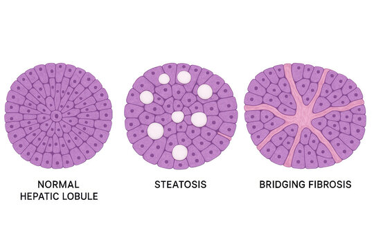 Illustration of normal, steatosis, and bridging fibrosis hepatic lobule structures.