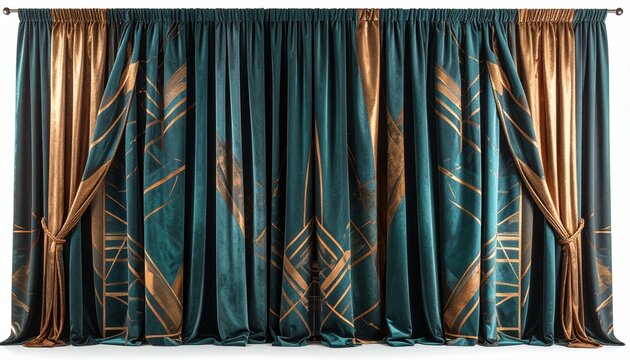 Art deco curtains with gold and bronze geometric patterns on teal fabric, soft lighting, white background.