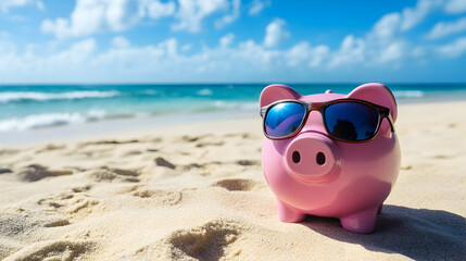 Pink piggy bank wearing sunglasses on sandy beach with ocean waves in background ideal for budget holiday planning