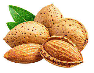 Almonds in a cluster, whole and halved, with green leaves