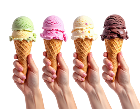 Four ice cream cones held by hands