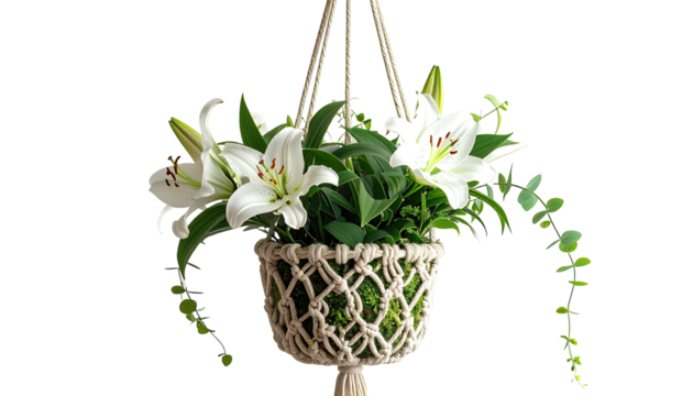 Macrame planter with white lilies and greenery