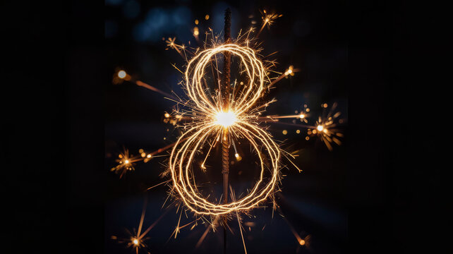 Sparkling number eight drawn with sparklers on a black background creating a festive and celebratory atmosphere