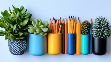Colorful stationery and plants composition