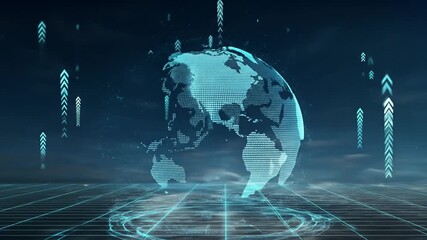 Global digital network connection with glowing earth globe and upward arrows on grid background - Powered by Adobe