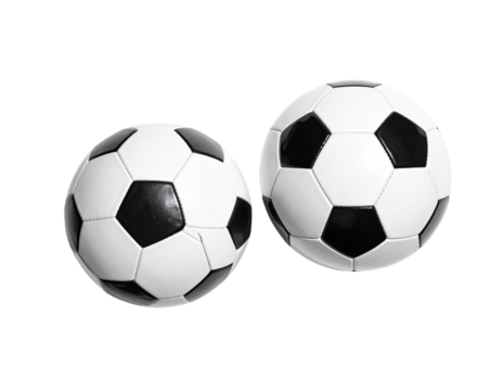 Two soccer balls on black background