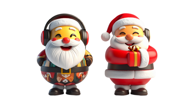 Santa Emoji with Headphones and Santa Emoji Hugging Gift, isolated on transparent background