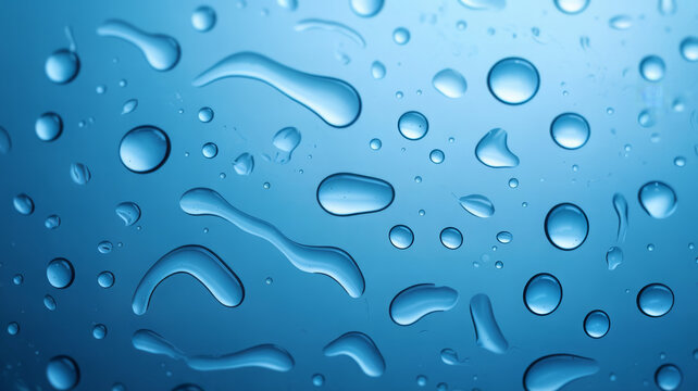Water drops on a blue surface create a refreshing and clean abstract background texture