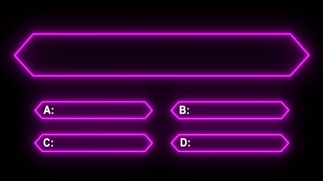 Quiz neon line animation template with multiple choice option selection and black background, interactive challenge game design.