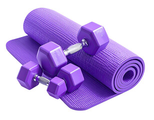 Rolled purple exercise mat with purple dumbbells