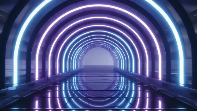 A futuristic neon tunnel with glowing circular arcs of blue and purple light stretches into the distance, technology, science fiction, digital innovation, and the endless journey into the future.