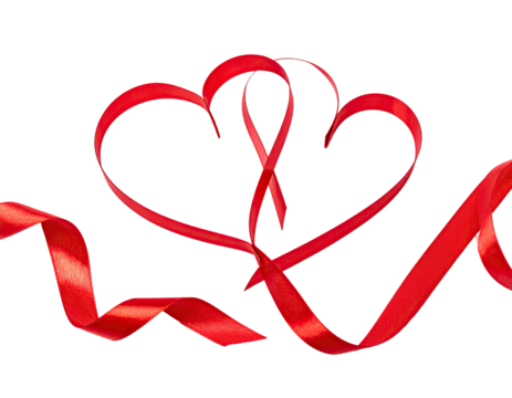 Red ribbon hearts on black background