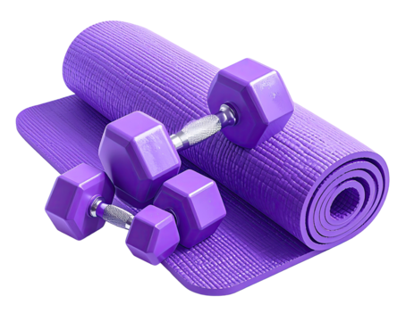 Rolled purple exercise mat with purple dumbbells