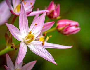 Obraz premium Close-up of delicate pink flowers with yellow centers, blurred green background