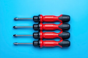 Four screwdrivers align horizontally with red and black handles against a light blue background