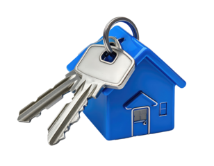 3D rendered blue house icon with keys