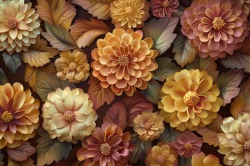 Ornate floral design with deep autumnal tones and textured petals.