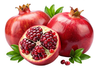 Pomegranate fruit isolated on white or transparent background. Two Pomegranate fruits cut half and slice