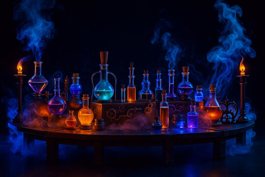 AI generated fantasy science lab scene with glowing potions mystical smoke and colorful energy blending magic and technology in surreal atmosphere