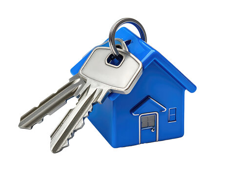 3D rendered blue house icon with keys