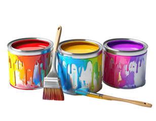 Colorful paint cans with a paintbrush