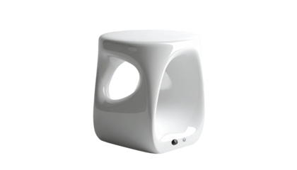 Minimalist white stool design with a smooth, glossy finish presented against a stark black background, featuring a geometric, open-sided shape and creating a modern, -style product presentation for...