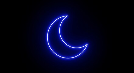 Obraz premium Radiant blue neon crescent moon glows vibrantly against a deep black night sky, evoking mystery and tranquility for celestial themes.