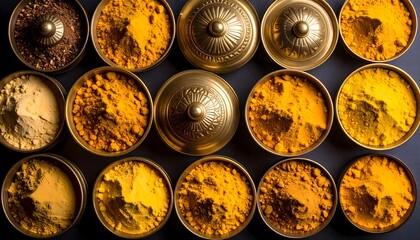 Golden spice array: Turmeric and other powders in brass bowls with ornate lids on dark background