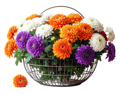 Colorful chrysanthemum bouquet in a wire basket