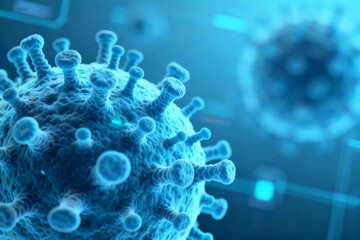 3D rendering of a virus particle with surface proteins, depicted in blue tones against a digital background