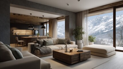 Fototapeta premium Serene Living Room with Mountain View: A beautifully designed, spacious living room offering a captivating mountain view, combining luxury with comfort.