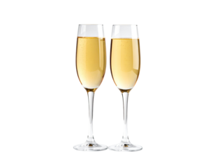 Two champagne flutes filled with bubbly golden liquid