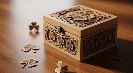 Wooden box with carved clover decorations on table.