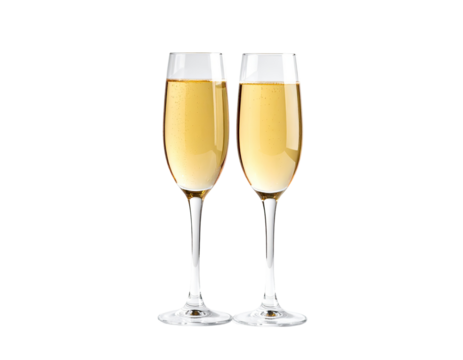 Two champagne flutes filled with bubbly golden liquid