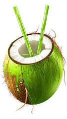 Fresh coconut drink with two straws