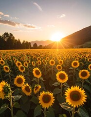 Golden Sunset Illuminates a Vast Sunflower Field with Mountain Backdrop