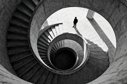 A person stands at the top of a spiral concrete staircase, viewed from below in a black and white photograph.