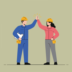 Two construction workers, a man and a woman, are giving each other a high five, celebrating their work in their yellow hard hats.
